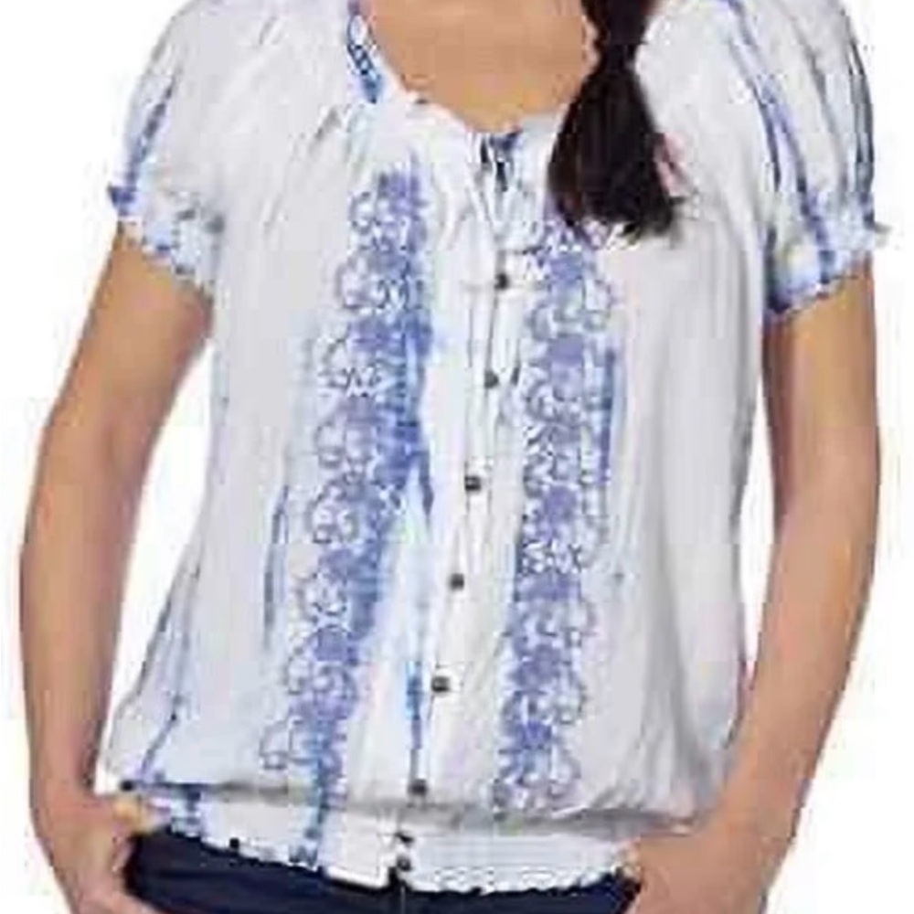 Fever sz XXL Blue and White Embroidered Floral Tie Dye Blouse